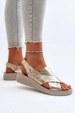 Sandały Na Obcasie|Sandały Na Koturnie></noscript>Zazoo 40392 Skórzane Sandały Damskie Złote