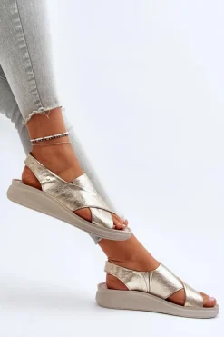 Sandały Na Obcasie|Sandały Na Koturnie></noscript>Zazoo 40392 Skórzane Sandały Damskie Złote