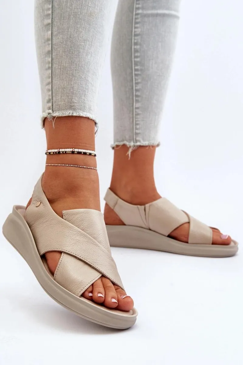 Sale 40392 Skórzane Sandały Damskie Beżowe Damskie Sandały Na Obcasie|Sandały Na Koturnie