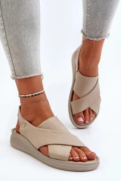 Sale 40392 Skórzane Sandały Damskie Beżowe Damskie Sandały Na Obcasie|Sandały Na Koturnie