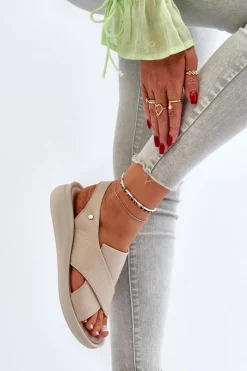 Sale 40392 Skórzane Sandały Damskie Beżowe Damskie Sandały Na Obcasie|Sandały Na Koturnie