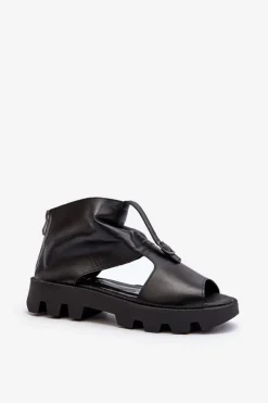 Best 999 Skórzane Sandały Damskie Z Zamkiem Czarne Damskie Sandały Płaskie