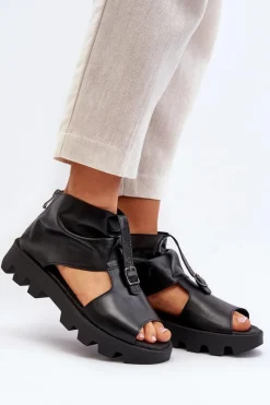 Best 999 Skórzane Sandały Damskie Z Zamkiem Czarne Damskie Sandały Płaskie