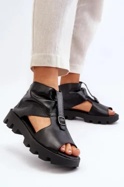 Best 999 Skórzane Sandały Damskie Z Zamkiem Czarne Damskie Sandały Płaskie