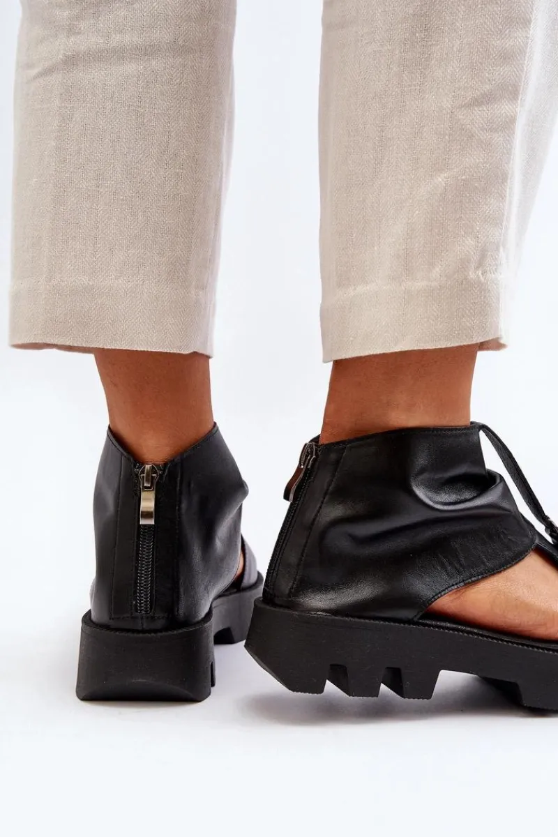 Best 999 Skórzane Sandały Damskie Z Zamkiem Czarne Damskie Sandały Płaskie