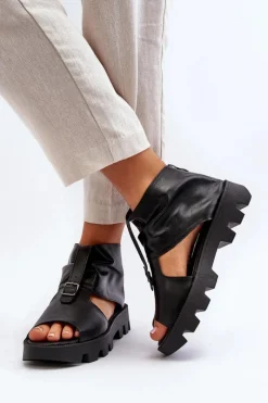 Best 999 Skórzane Sandały Damskie Z Zamkiem Czarne Damskie Sandały Płaskie