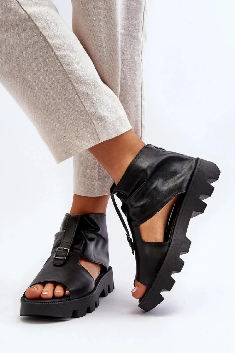 Best 999 Skórzane Sandały Damskie Z Zamkiem Czarne Damskie Sandały Płaskie