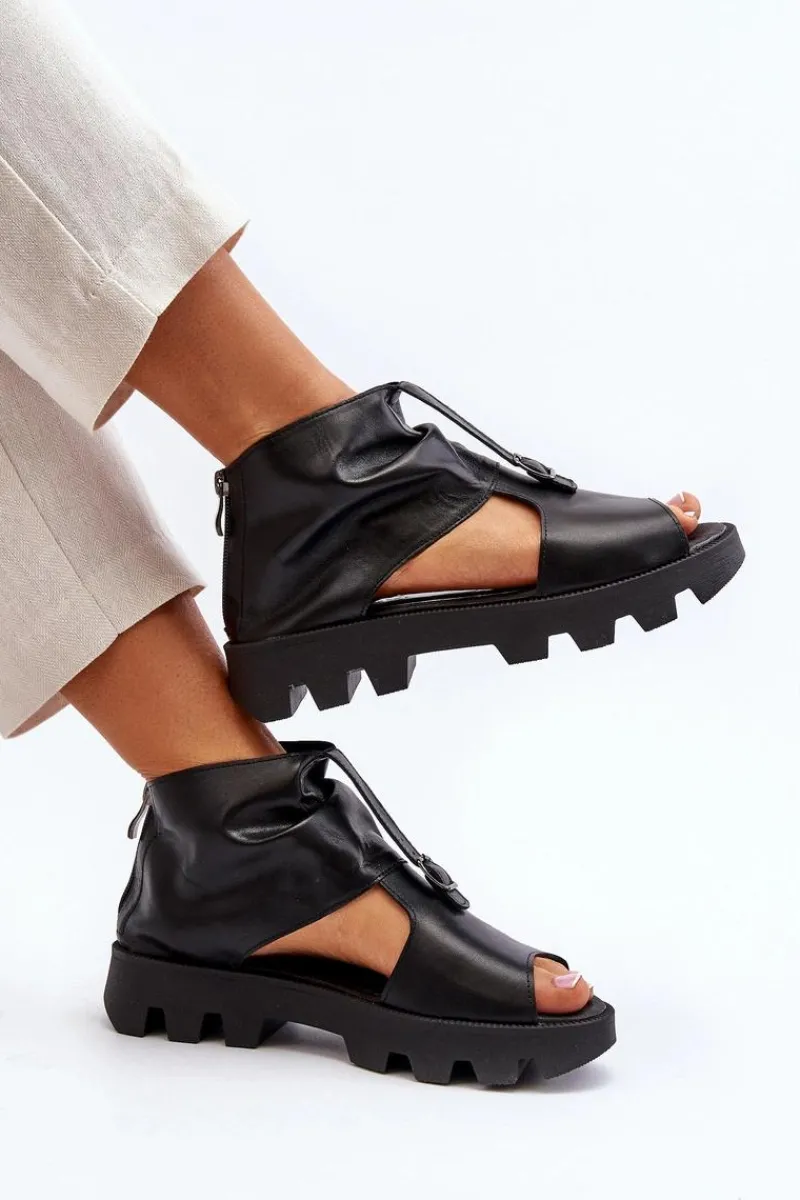 Best 999 Skórzane Sandały Damskie Z Zamkiem Czarne Damskie Sandały Płaskie