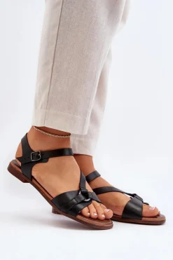 Sandały Płaskie>Zazoo 40182 Skórzane Sandały Damskie Czarne Czarny