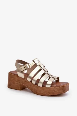 40410 Skórzane Sandały Damskie Złote Damskie Sandały Na Obcasie