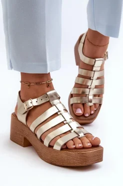 40410 Skórzane Sandały Damskie Złote Damskie Sandały Na Obcasie