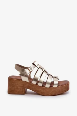 40410 Skórzane Sandały Damskie Złote Damskie Sandały Na Obcasie