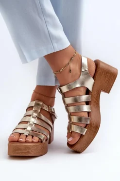 40410 Skórzane Sandały Damskie Złote Damskie Sandały Na Obcasie