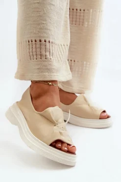 Sandały Płaskie>Zazoo 2939 Skórzane Sandały Damskie Z Kokardką Jasnobeżowe Beżowy