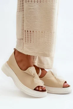 Sandały Płaskie>Zazoo 2939 Skórzane Sandały Damskie Z Kokardką Jasnobeżowe Beżowy