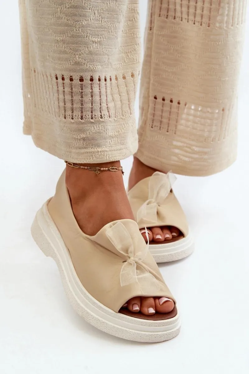 Sandały Płaskie>Zazoo 2939 Skórzane Sandały Damskie Z Kokardką Jasnobeżowe Beżowy