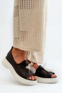 Clearance Zazoo 2939 Skórzane Sandały Damskie Z Kokardką Czarne Czarny