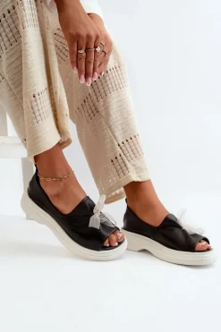 Clearance Zazoo 2939 Skórzane Sandały Damskie Z Kokardką Czarne Czarny