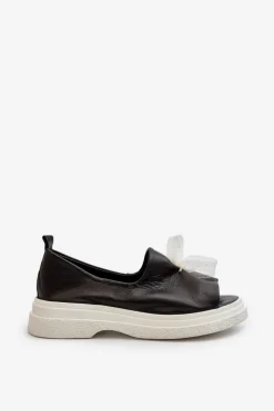 Clearance Zazoo 2939 Skórzane Sandały Damskie Z Kokardką Czarne Czarny