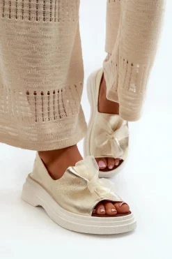 New 2939 Skórzane Sandały Damskie Z Kokardką Złote Damskie Sandały Płaskie