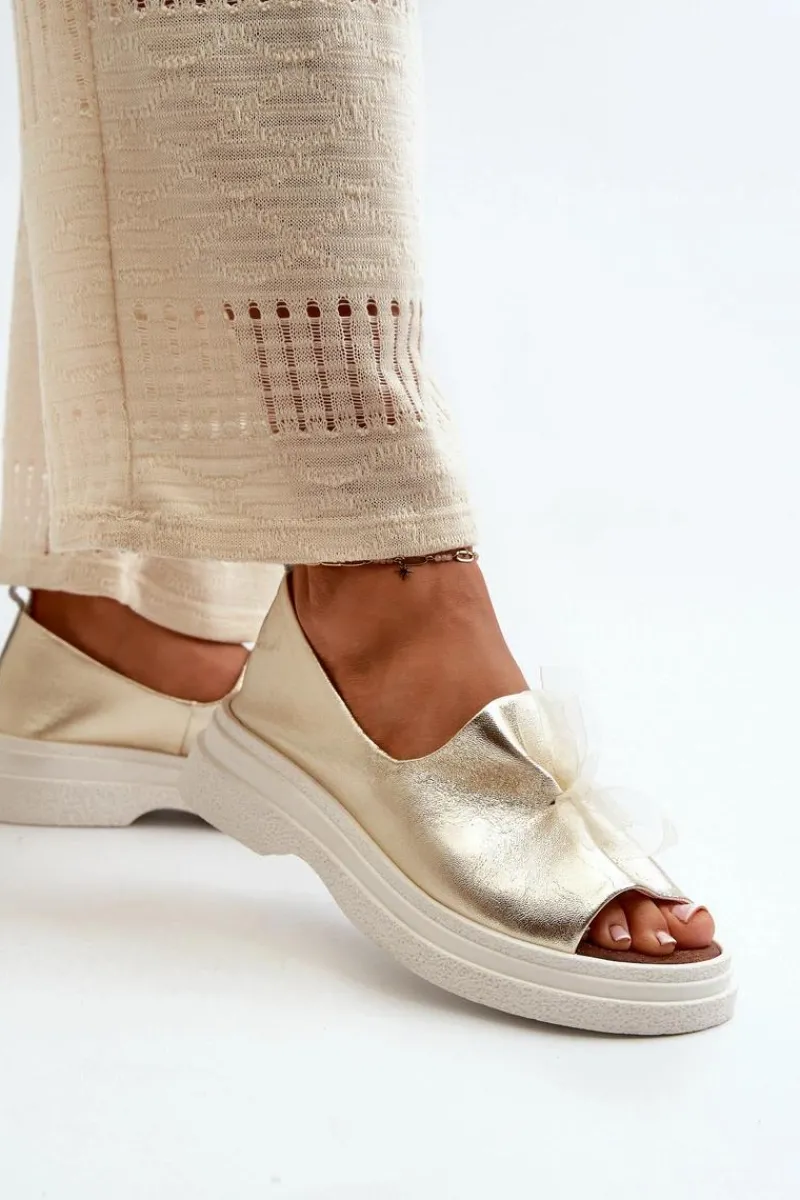 New 2939 Skórzane Sandały Damskie Z Kokardką Złote Damskie Sandały Płaskie