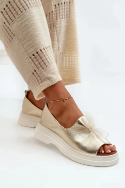 New 2939 Skórzane Sandały Damskie Z Kokardką Złote Damskie Sandały Płaskie