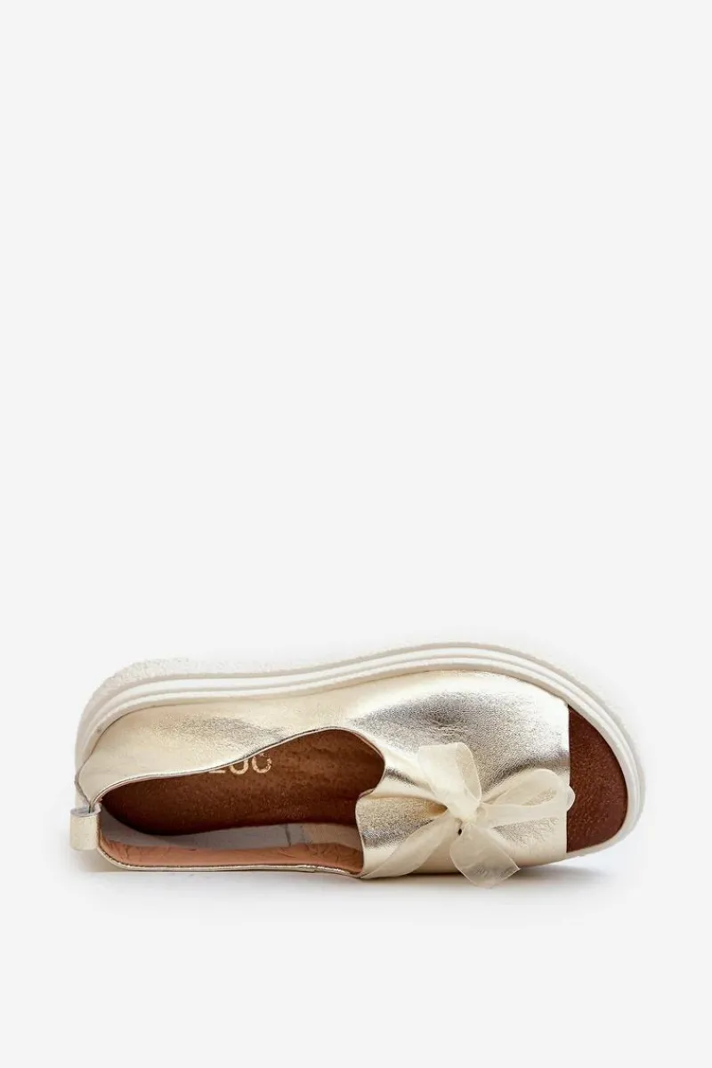 New 2939 Skórzane Sandały Damskie Z Kokardką Złote Damskie Sandały Płaskie