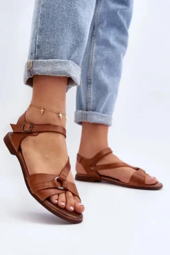 Sandały Płaskie>Zazoo 40182 Skórzane Sandały Damskie Brązowe Brązowy