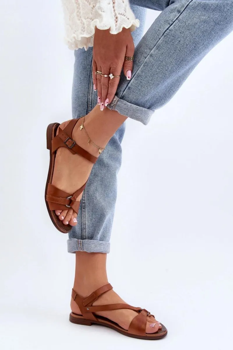 Sandały Płaskie>Zazoo 40182 Skórzane Sandały Damskie Brązowe Brązowy