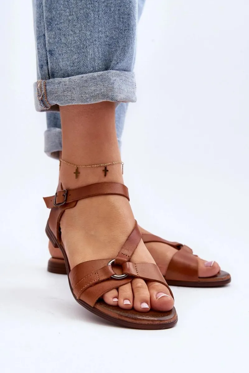 Sandały Płaskie>Zazoo 40182 Skórzane Sandały Damskie Brązowe Brązowy