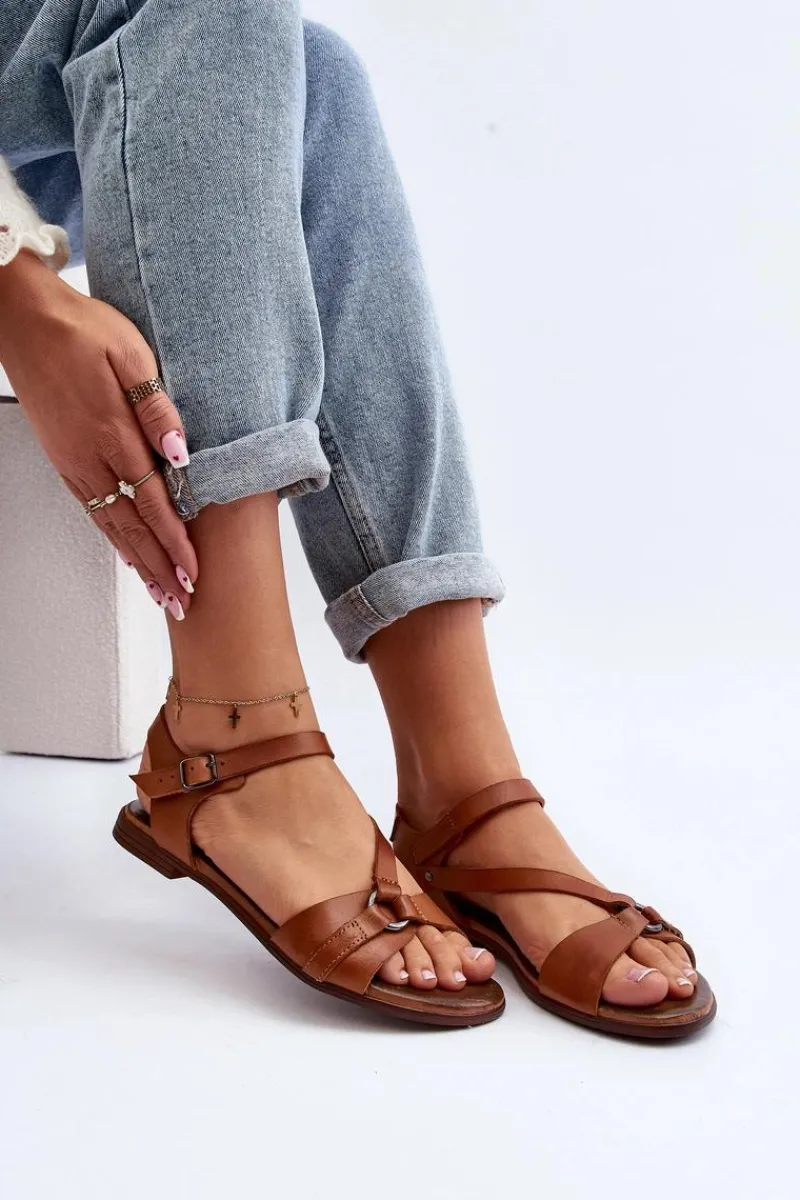 Sandały Płaskie>Zazoo 40182 Skórzane Sandały Damskie Brązowe Brązowy