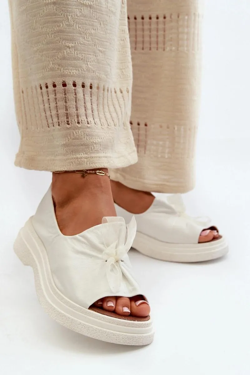 Sale Zazoo 2939 Skórzane Sandały Damskie Z Kokardką Białe