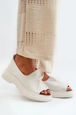 Sale Zazoo 2939 Skórzane Sandały Damskie Z Kokardką Białe