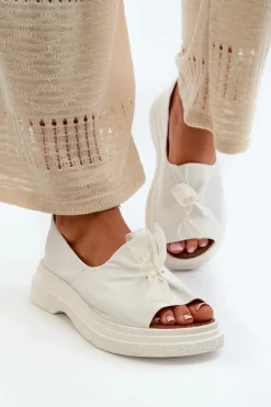 Sale Zazoo 2939 Skórzane Sandały Damskie Z Kokardką Białe