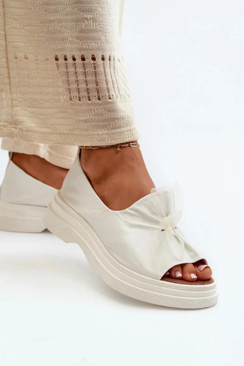 Sale Zazoo 2939 Skórzane Sandały Damskie Z Kokardką Białe