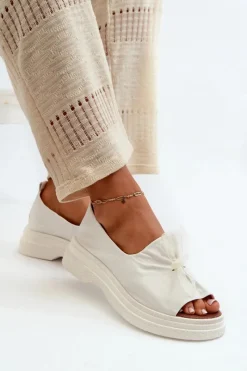 Sale Zazoo 2939 Skórzane Sandały Damskie Z Kokardką Białe