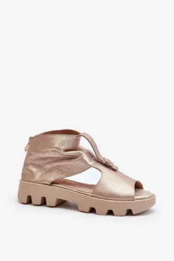 Sale Zazoo 999 Skórzane Sandały Damskie Z Zamkiem Złote