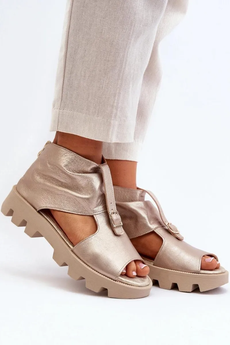 Sale Zazoo 999 Skórzane Sandały Damskie Z Zamkiem Złote