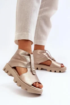 Sale Zazoo 999 Skórzane Sandały Damskie Z Zamkiem Złote