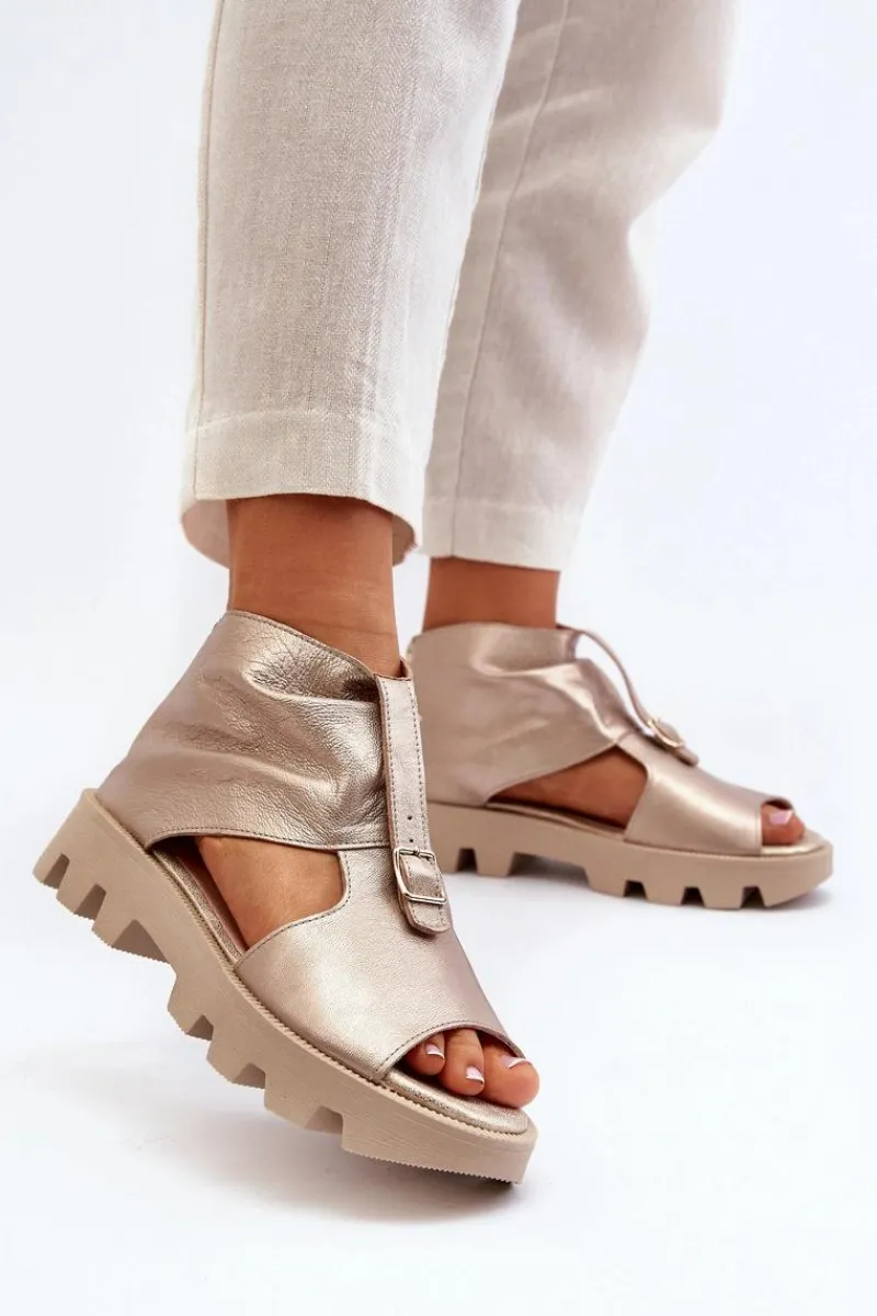 Sale Zazoo 999 Skórzane Sandały Damskie Z Zamkiem Złote