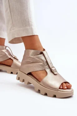 Sale Zazoo 999 Skórzane Sandały Damskie Z Zamkiem Złote