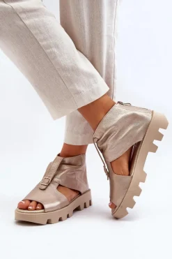 Sale Zazoo 999 Skórzane Sandały Damskie Z Zamkiem Złote