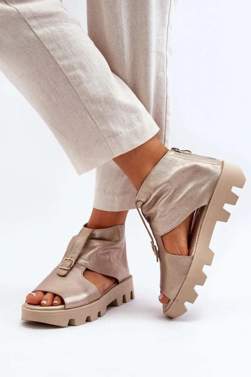 Sale Zazoo 999 Skórzane Sandały Damskie Z Zamkiem Złote