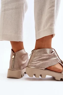 Sale Zazoo 999 Skórzane Sandały Damskie Z Zamkiem Złote