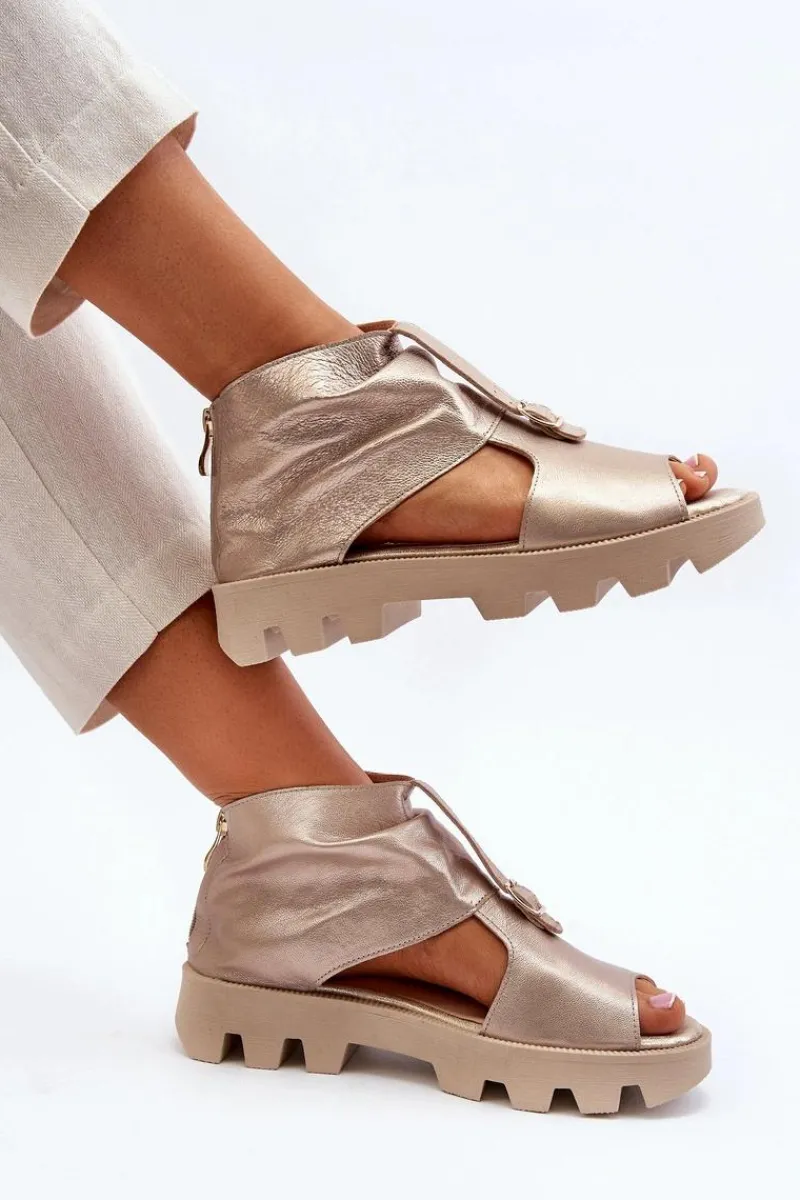 Sale Zazoo 999 Skórzane Sandały Damskie Z Zamkiem Złote