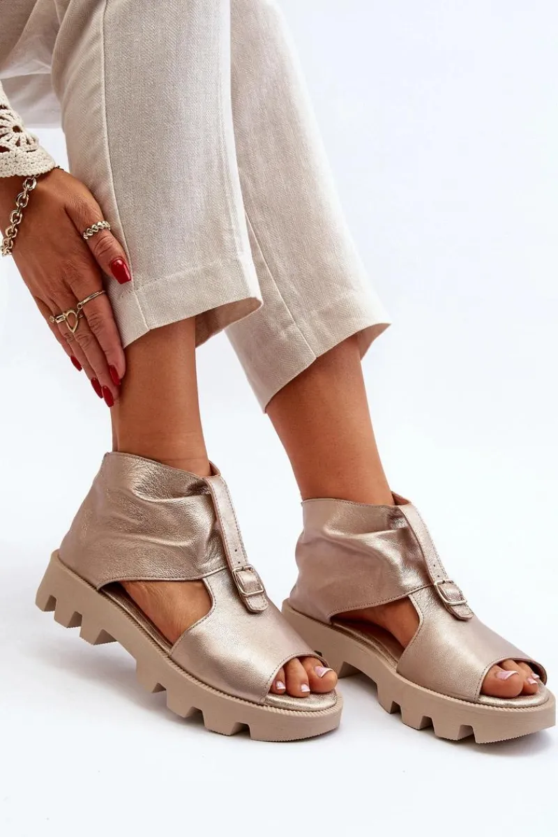 Sale Zazoo 999 Skórzane Sandały Damskie Z Zamkiem Złote