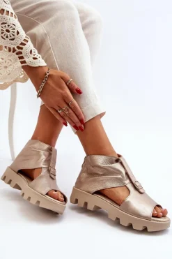 Sale Zazoo 999 Skórzane Sandały Damskie Z Zamkiem Złote