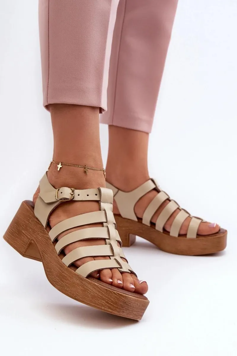 Sandały Na Obcasie>Zazoo 40410 Skórzane Sandały Damskie Beżowe Beżowy