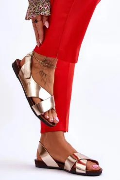 Discount Zazoo 40141 Skórzane Sandały Na Rzep Złote Złoty