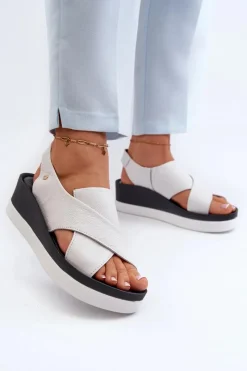 Discount 40256 Skórzane Sandały Na Koturnie Białe Damskie Sandały Na Obcasie|Sandały Na Koturnie